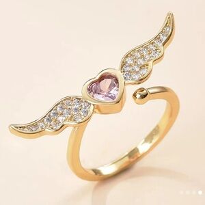 3/$25 Pink Heart w/ Cubic Zirconia Imbedded Angel Wings Adjustable Ring OS Open
